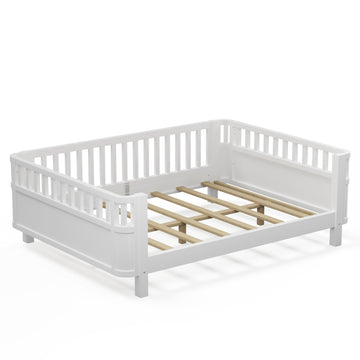 Full Size Wood Platform Bed for Kids with Low Profile and Safety Rails, White (Patented Design)