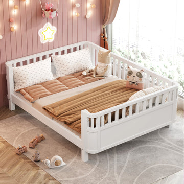 Full Size Wood Platform Bed for Kids with Low Profile and Safety Rails, White (Patented Design)