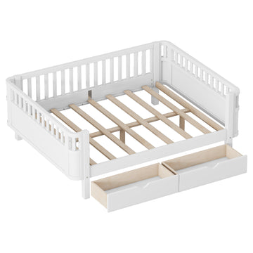 Full Size Wood Platform Bed for Kids with Low Profile, Safety Rails and Wheeled Storage Drawers, White (Patented Design)