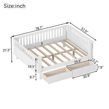 Full Size Wood Platform Bed for Kids with Low Profile, Safety Rails and Wheeled Storage Drawers, White (Patented Design)