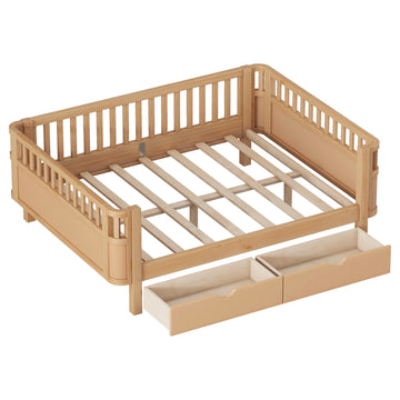 Full Size Wood Platform Bed for Kids, Low Profile with Rails & 2 Storage Drawers, Natural (Patented Design)