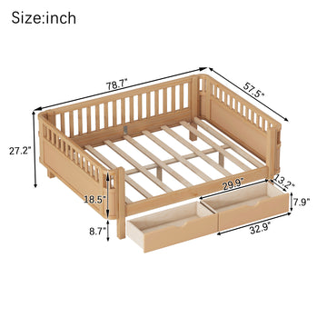 Full Size Wood Platform Bed for Kids, Low Profile with Rails & 2 Storage Drawers, Natural (Patented Design)