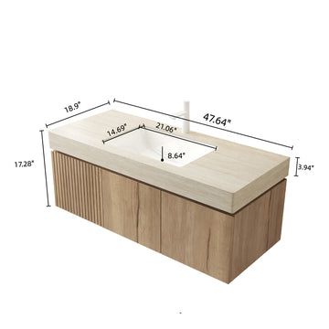 48 Bathroom Vanity with Sink Wall Mounted Plywood Cabinet Drawer 2 Doors Roma Travertine Countertop Basin White Oak
