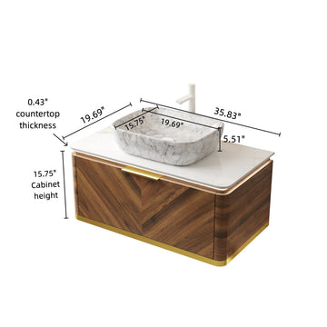 36 Bathroom Vanity with Sink Floating Plywood Cabinet Sensor Light Drawer Marble Pattern Rectangle Ceramic Vessel Basin Sintered Stone Dark Walnut