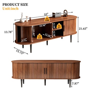 55 Inch Modern TV Stand with Sliding Door and Storage Compartment Walnut TV Console for Living Room Bedroom Office