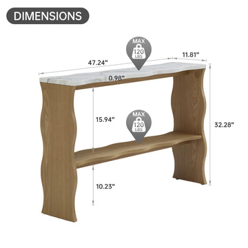 Whisper of Waves Modern Console Table with Marble Pattern Top and Solid Wood Veneer Shelf for Entryway and Living Room
