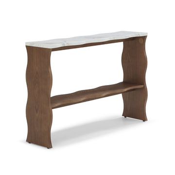 Whisper of Waves Modern Console Table with Marble Pattern Top and Solid Wood Veneer Shelf for Entryway and Living Room Walnut Brown