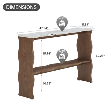 Whisper of Waves Modern Console Table with Marble Pattern Top and Solid Wood Veneer Shelf for Entryway and Living Room Walnut Brown