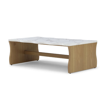 47.24 Inch Whisper of Waves Modern Coffee Table White Faux Marble Top Natural Wood Base