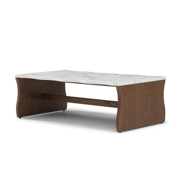 47.24 Inch Whisper of Waves Modern Coffee Table White Faux Marble Top Walnut Brown Base