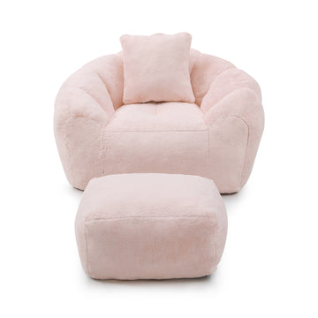 Giant Bean Bag Chair with Footstool Oversized Faux Fur Shell Shaped Floor Sofa for Adults and Kids for Living Room Bedroom Pink