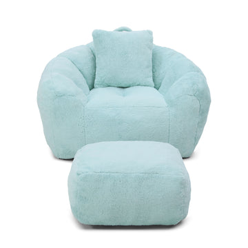 Giant Bean Bag Chair with Footstool Oversized Faux Fur Shell Shaped Floor Sofa for Adults and Kids for Living Room Bedroom Light Blue