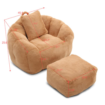 Giant Bean Bag Chair with Footstool Oversized Faux Fur Shell Shaped Floor Sofa for Adults and Kids for Living Room Bedroom khaki