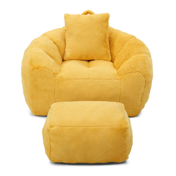 Giant Bean Bag Chair with Footstool Oversized Faux Fur Shell Shaped Floor Sofa for Adults and Kids for Living Room Bedroom Yellow