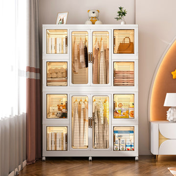 Portable Wardrobe Closet Storage Organizer for Clothes with 12 Magnetic Doors and 2 Hanging Rods Cream White