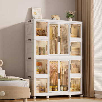 Portable Wardrobe Closet Storage Organizer for Clothes with 12 Magnetic Doors and 2 Hanging Rods Cream White