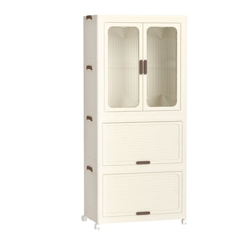 Portable Wardrobe Closet with Magnetic Doors, 4 Cubes & Hanging Rod for Clothes Storage Cream White