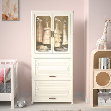 Portable Wardrobe Closet with Magnetic Doors, 4 Cubes & Hanging Rod for Clothes Storage Cream White