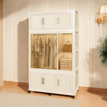 Portable Wardrobe Closet Storage Organizer with 9 Magnetic Doors and 1 Hanging Rod Cream White