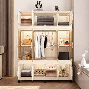 Portable Wardrobe Closet with 12 Magnetic Doors, 12 Cubes & 1 Hanging Rod, Baby Storage Cabinet Cream White