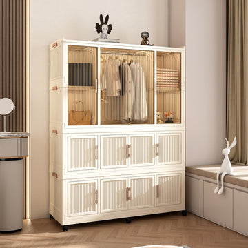Portable Wardrobe Closet with 12 Magnetic Doors, 12 Cubes & 1 Hanging Rod, Baby Storage Cabinet Cream White