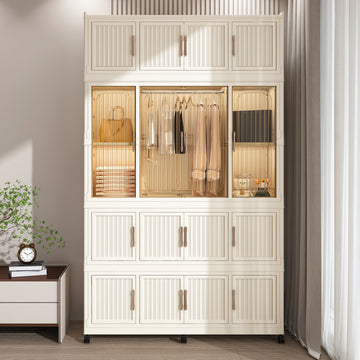 Portable Wardrobe Closet with 17 Magnetic Doors, 17 Cubes & 1 Hanging Rod, Baby Storage Cabinet Cream White