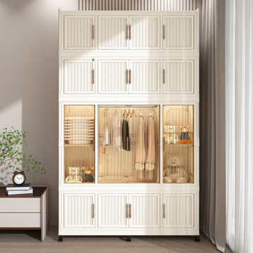 Portable Wardrobe Closet with 17 Magnetic Doors, 17 Cubes & 1 Hanging Rod, Baby Storage Cabinet Cream White