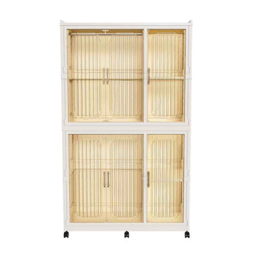 Portable Wardrobe Closet Storage Organizer with 6 Magnetic Doors and 2 Hanging Rods Cream White