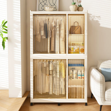 Portable Wardrobe Closet Storage Organizer with 6 Magnetic Doors and 2 Hanging Rods Cream White