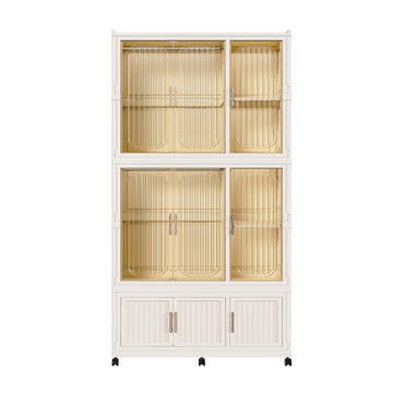 Portable Wardrobe Closet Storage Organizer with 9 Magnetic Doors and 2 Hanging Rods Cream White