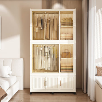Portable Wardrobe Closet Storage Organizer with 9 Magnetic Doors and 2 Hanging Rods Cream White
