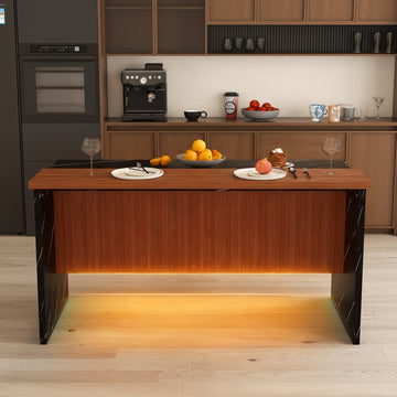 63 Inch Modern Kitchen Island Black Marble Look Surface Adjustable LED Lights Grille Design for Dining Living Room