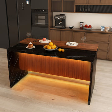 63 Inch Modern Kitchen Island Black Marble Look Surface Adjustable LED Lights Grille Design for Dining Living Room