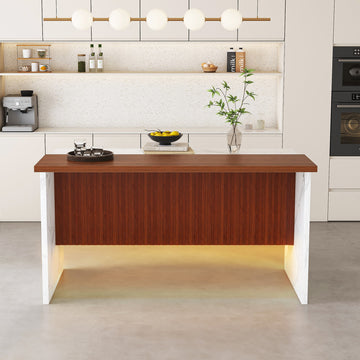 63 Inch Modern Kitchen Island White Marble Look Surface Adjustable LED Lights Grille Design for Dining Living Room