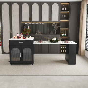 80 Inch Expandable Kitchen Island with Dining Table Marble-Grain Countertop Power Outlet Mobile Storage Cart Black