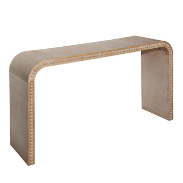 59 Inch Natural Wood Console Table Curved Waterfall Entryway Table with Wood Beads for Hallway Living Room Foyer Office