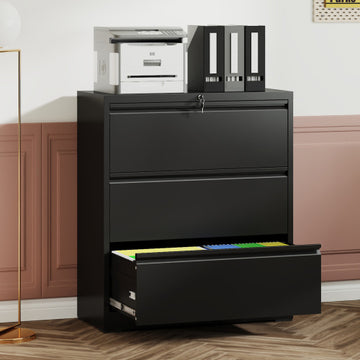 3 Drawer Lateral File Cabinet, 35.4 Inch Wide Metal Filing Cabinet, Locking Heavy Duty File Cabinet for Home Office, Anti-Tip Safety Interlock, Vertical Storage for Letter/Legal/A4 Files, Black
