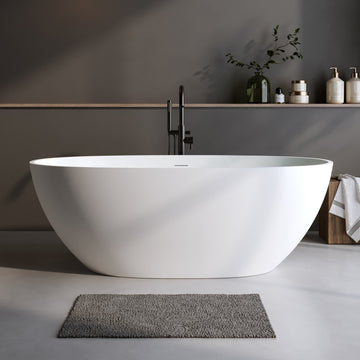 59 Inch Solid Surface Matte White Oval Freestanding Soaking Tub With Overflow Pop up Drain