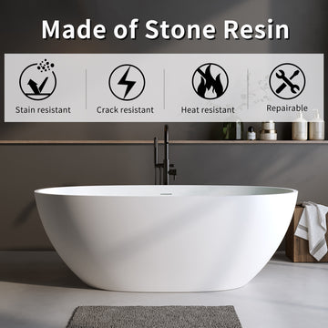 55 Inch Solid Surface Matte White Freestanding Bathtub Thick Edge Soaking Tub with Overflow Pop up Drain