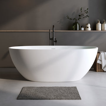 70.8 Inch Solid Surface Matte White Freestanding Bathtub Thick Edge Soaking Tub with Overflow Pop up Drain