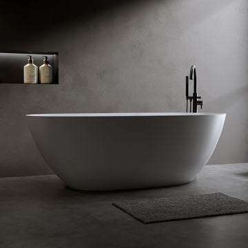 65 Inch Solid Surface Matte White Freestanding Bathtub Resin Stone Soaking Tub with Overflow Pop up Drain