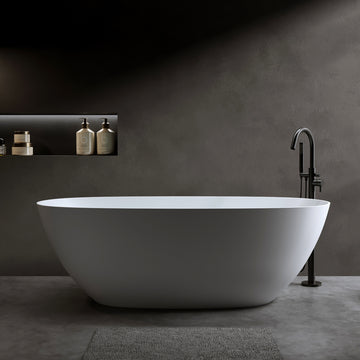 65 Inch Solid Surface Matte White Freestanding Bathtub Resin Stone Soaking Tub with Overflow Pop up Drain