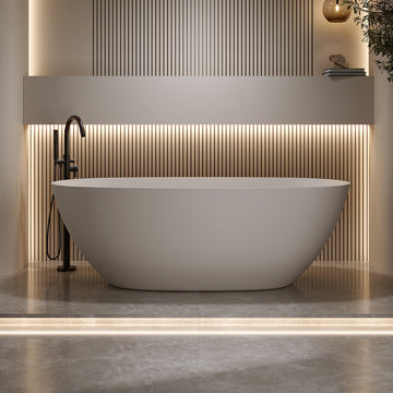 65 Inch Solid Surface Beige Freestanding Bathtub Resin Stone Soaking Tub with Overflow Pop up Drain