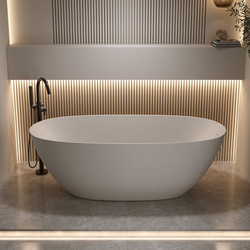 65 Inch Solid Surface Beige Freestanding Bathtub Resin Stone Soaking Tub with Overflow Pop up Drain
