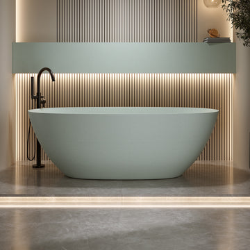65 Inches Freestanding Soaking Bathtub Solid Surface Resin Stone Turquoise Green Modern Tub with Overflow and Pop-up Drain