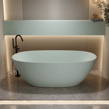 65 Inches Freestanding Soaking Bathtub Solid Surface Resin Stone Turquoise Green Modern Tub with Overflow and Pop-up Drain