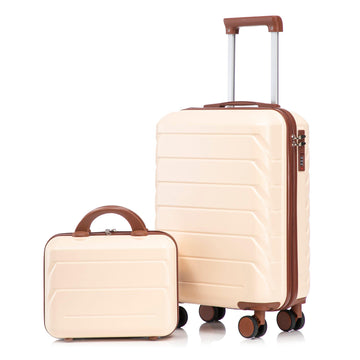 2 pcs set in ABS Spinner Wheel Luggage with Combination Lock 14 Cosmetic Case Beige