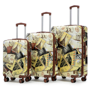 3 pcs set in PC Spinner Wheel Luggage Carry on Suitcase With Printed Pattern and Combination Lock City Stamps