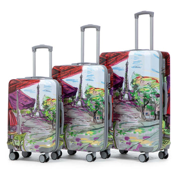 3 pcs set in PC Spinner Wheel Luggage Carry on Suitcase With Printed Pattern and Combination Lock Coffee Iron Tower