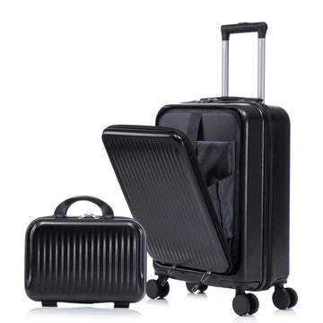 2 pcs set in ABS Spinner Wheel Luggage with Combination Lock and Front Opening Design 14 Cosmetic Case Black